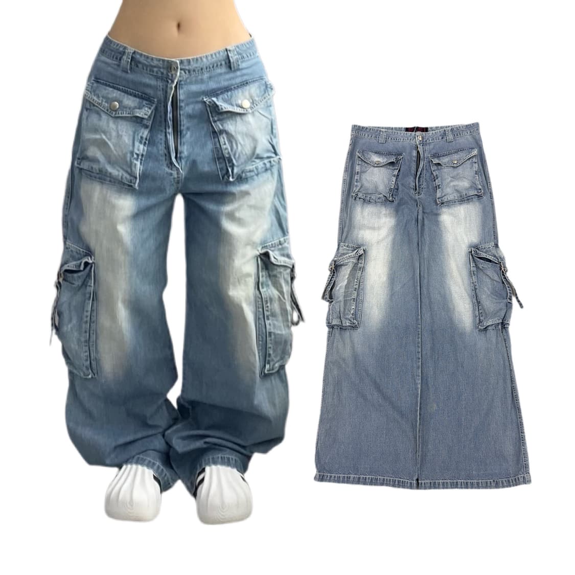 멀티포켓 Y2K 데님 탄창 와이드 빈티지 카고팬츠 상품이미지1