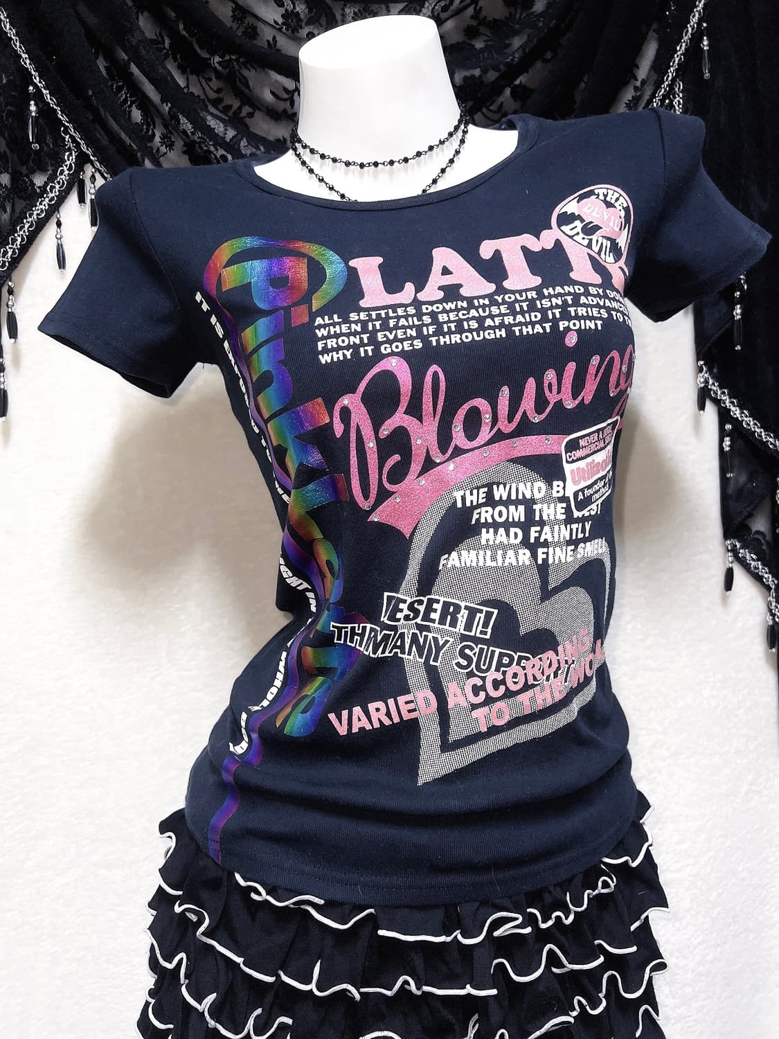 핑크라떼 헤이세이 갸루 키치 러블리 글리터 레터링 반팔탑 펑크 핀터 상품이미지3