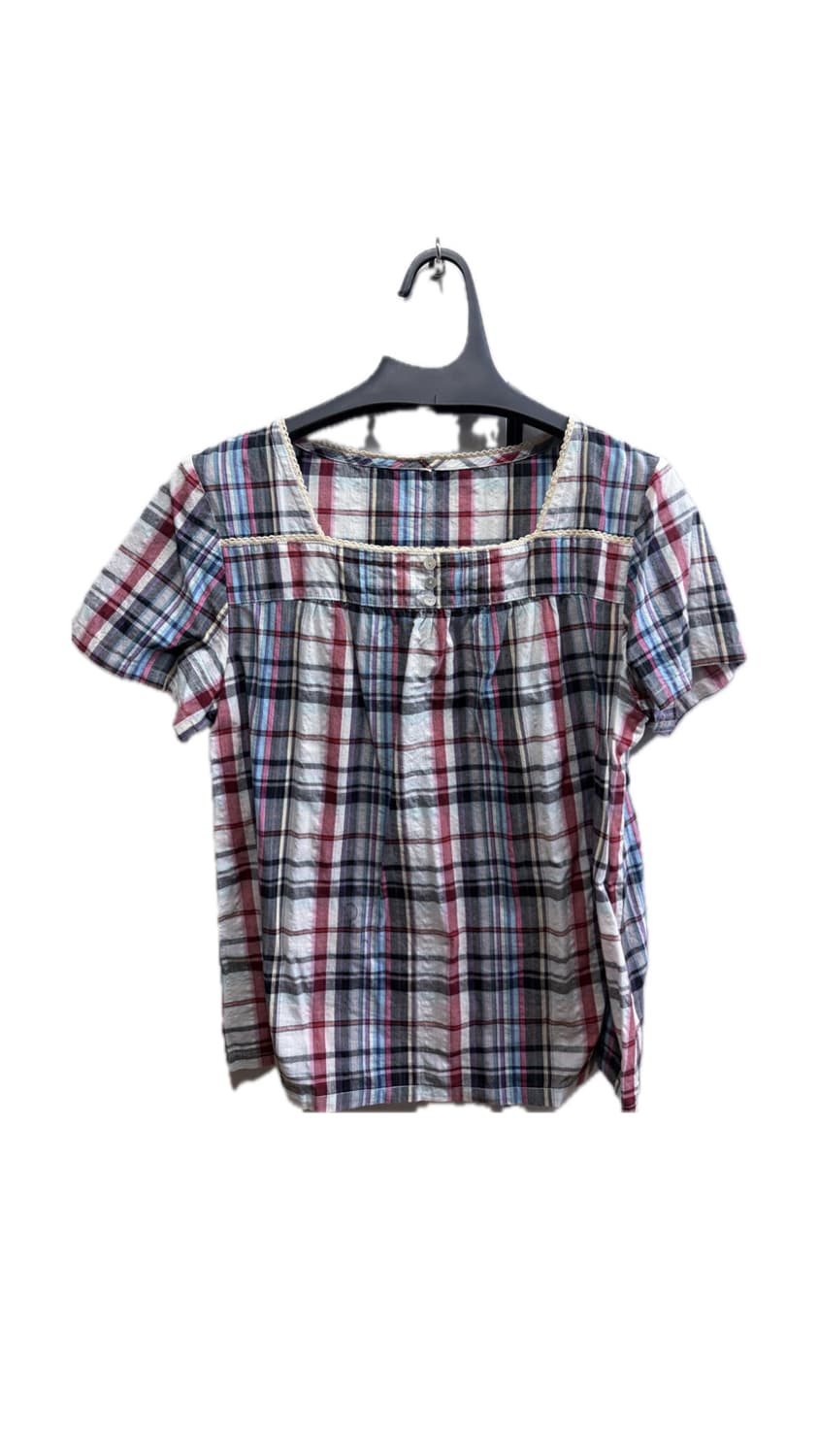 모리걸 스퀘어넥 반소매 체크 남방 블라우스 상품이미지1