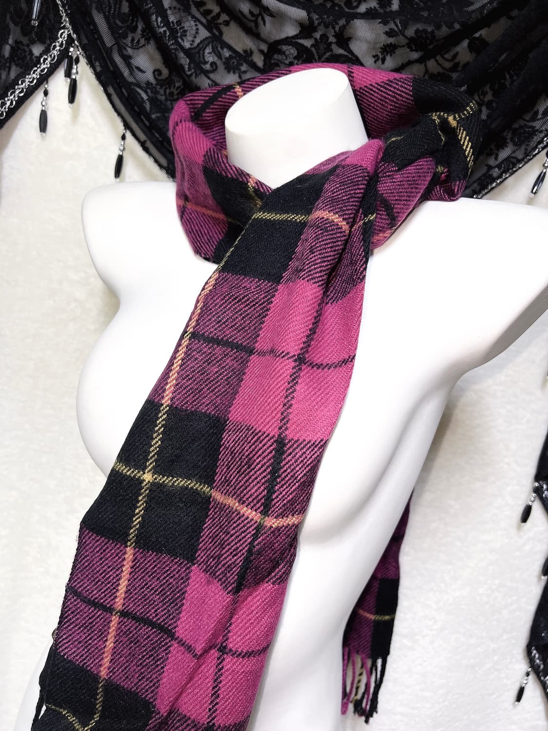 헤이세이 갸루 캐캐체 키치 펑크 y2k 마젠타 체크 패턴 머플러 목도리 상품이미지6