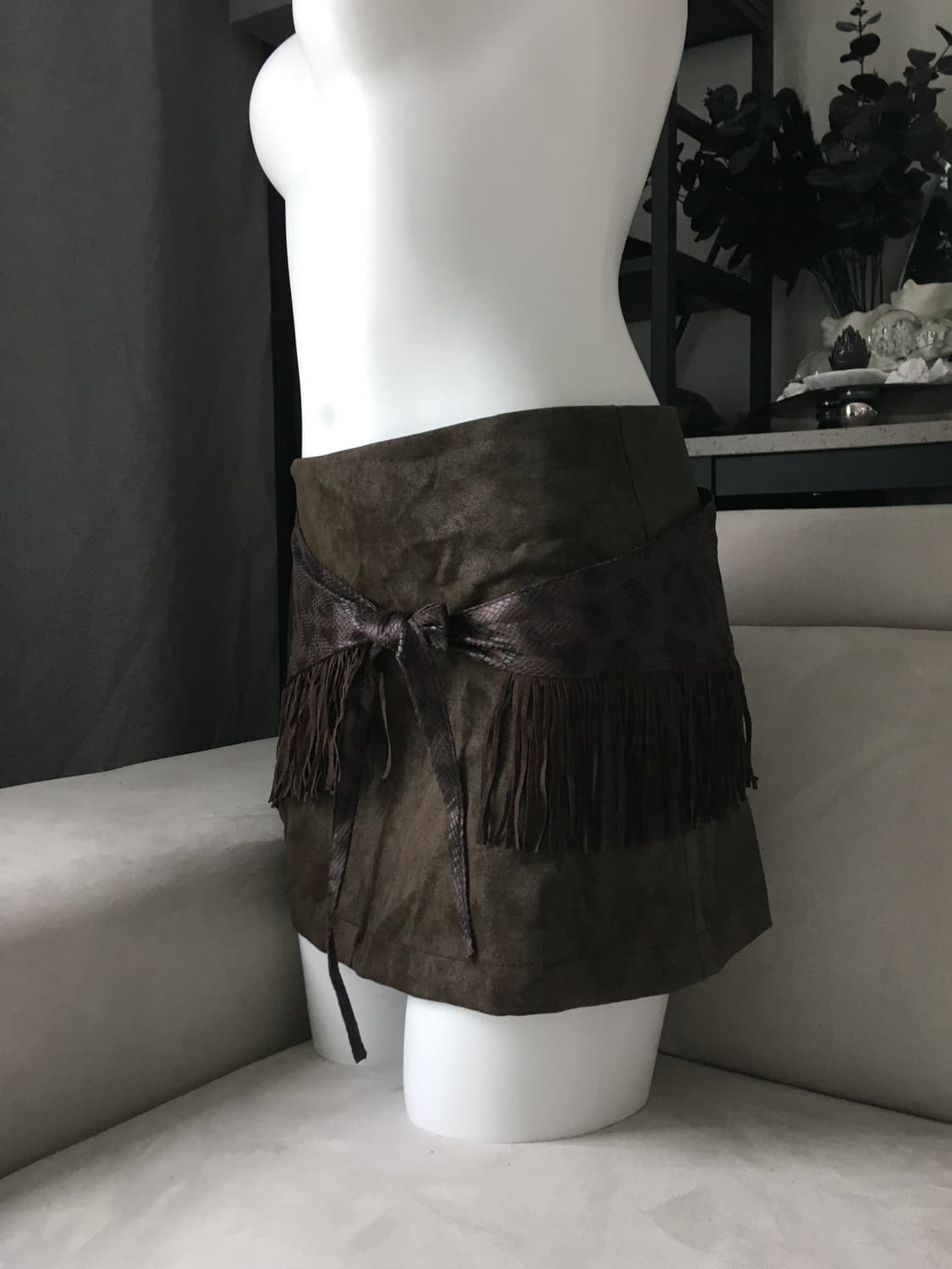 ༒ FRINGE WRAP LEATHER SKIRT #BROWN  상품이미지4