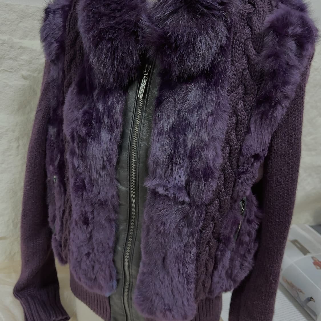 빈티지 다크 퍼플 폭스퍼 카라 토끼털 꽈배기 니트자켓 가디건 상품이미지4