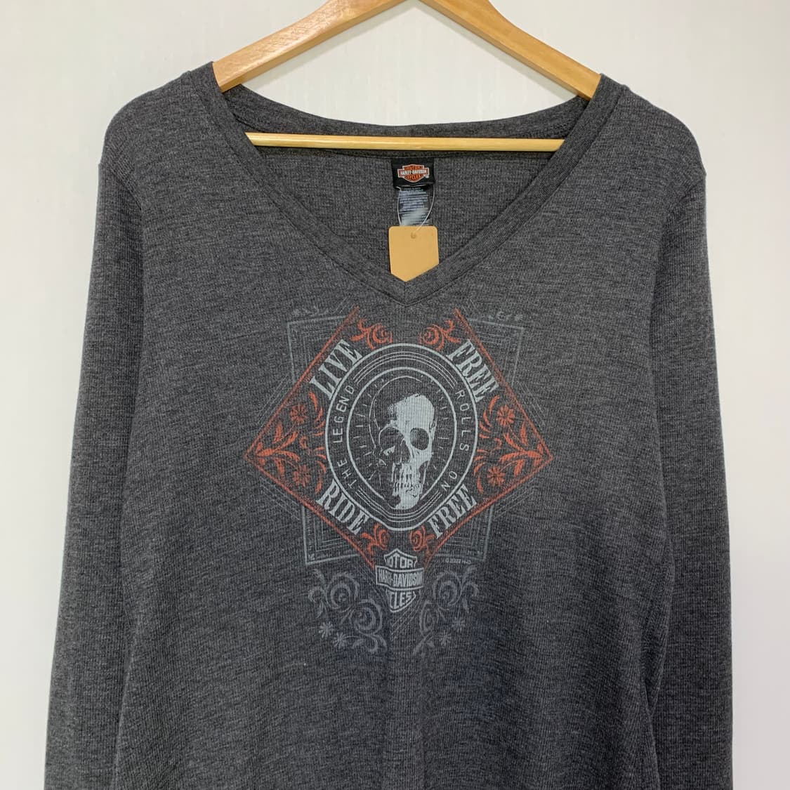 할리데이비슨 브이넥 스컬 프린팅 빈티지 롱슬리브 핸드워머 긴팔 티셔츠 상품이미지2