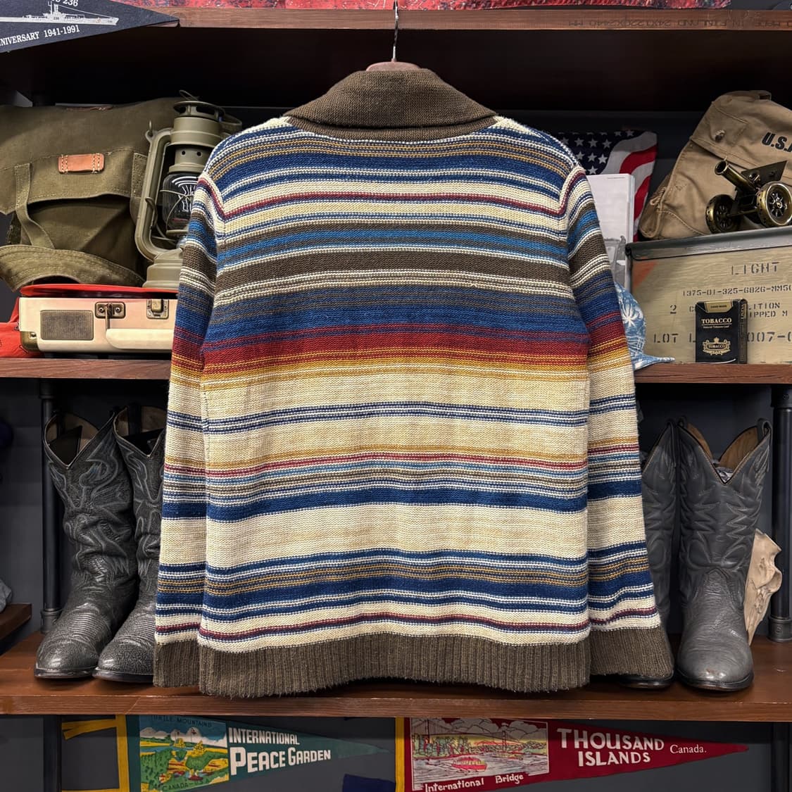 90s JPN 에스닉 자카드 스트라이프 보아라이닝 숄카라 가디건 N562 상품이미지2