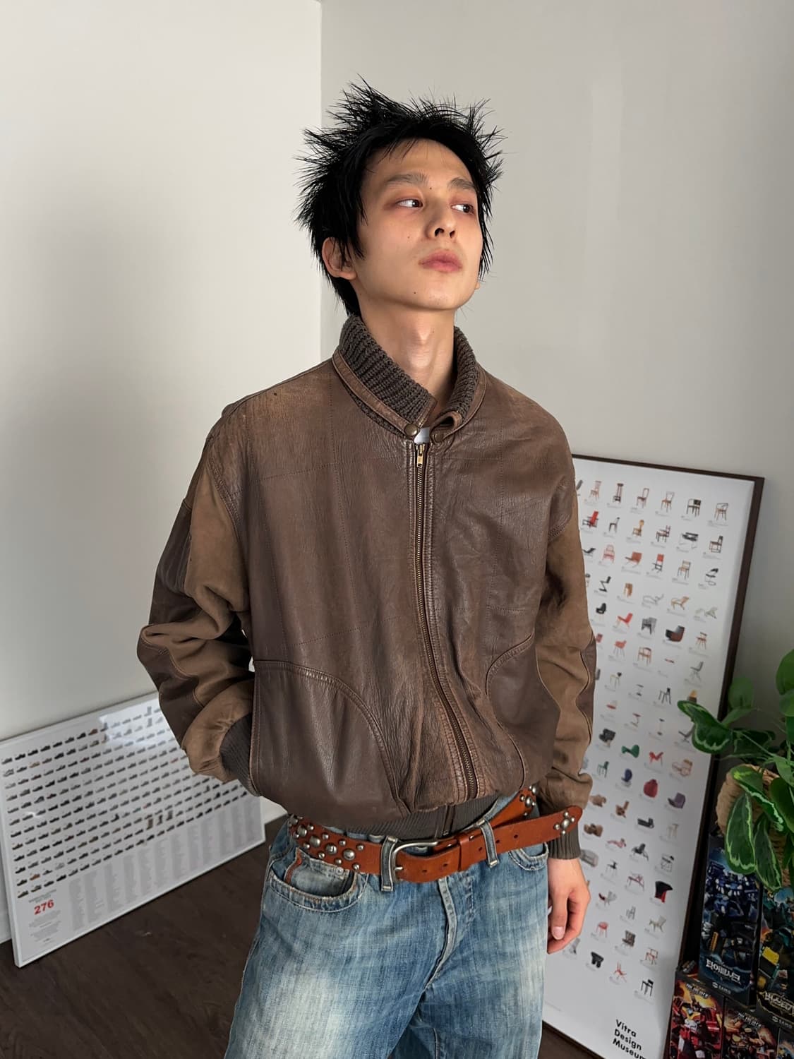 Hill Crest 니트리브 레더 봄버 상품이미지4