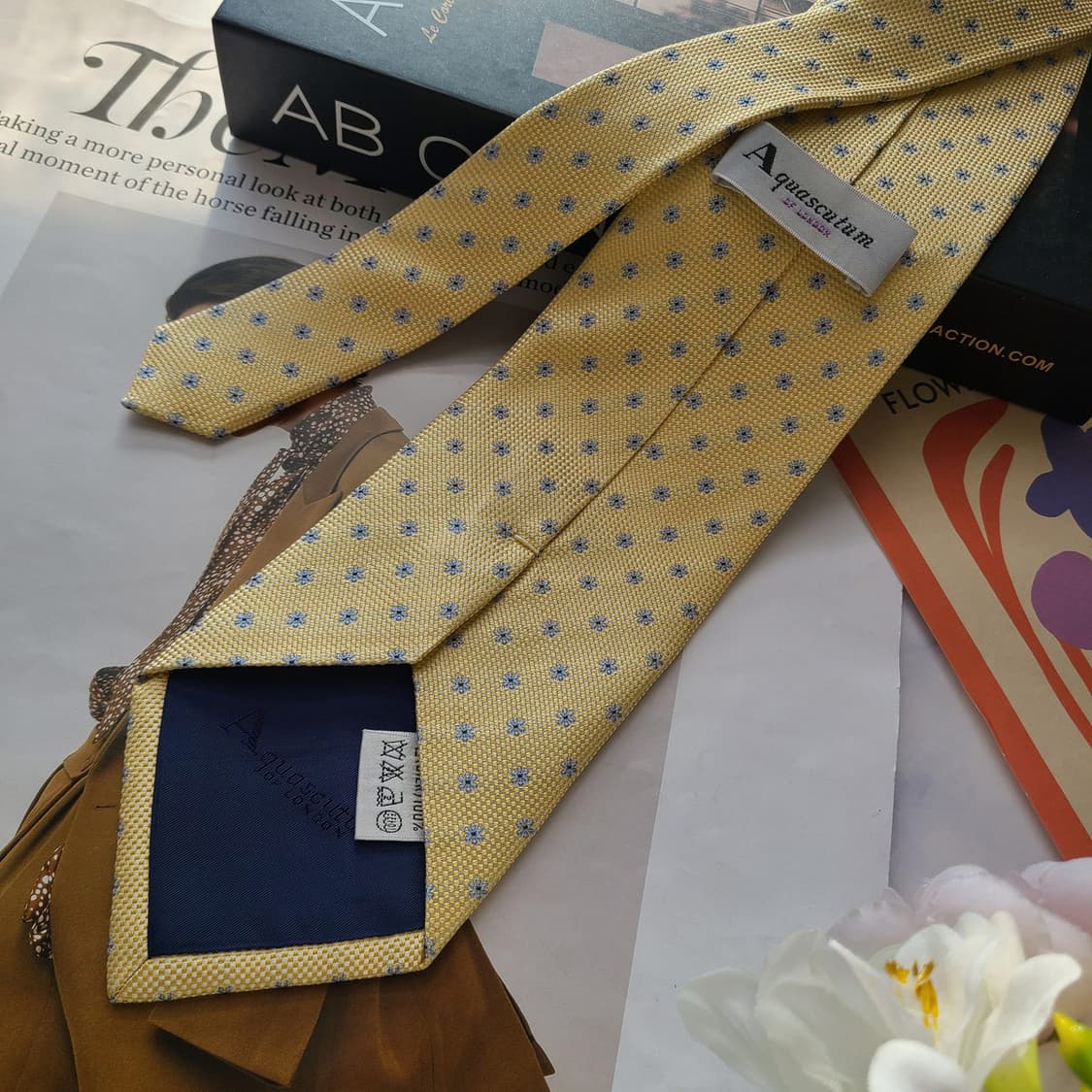 아쿠아스큐텀 실크 옐로우 마이크로 패턴 넥타이 9.2cm A등급 E706 상품이미지5