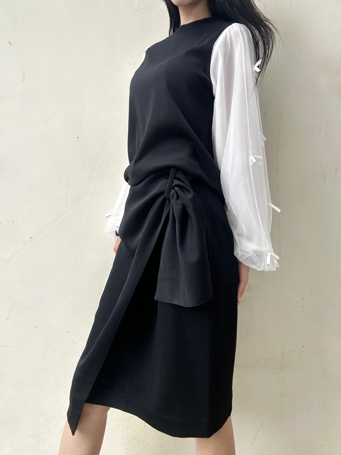 Ribbon mesh top / black & white 상품이미지6