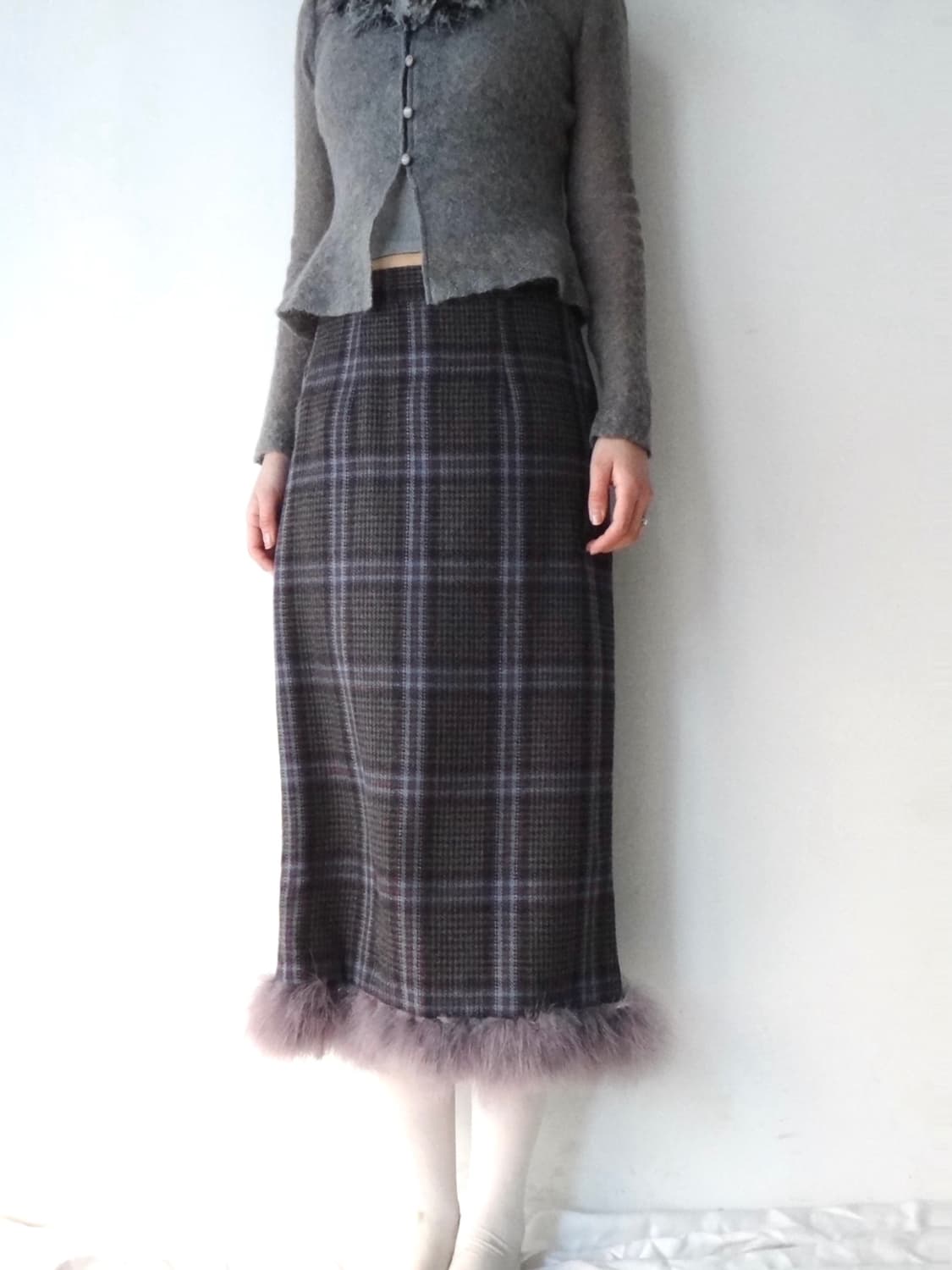 Check fur mix skirt / purple 상품이미지8