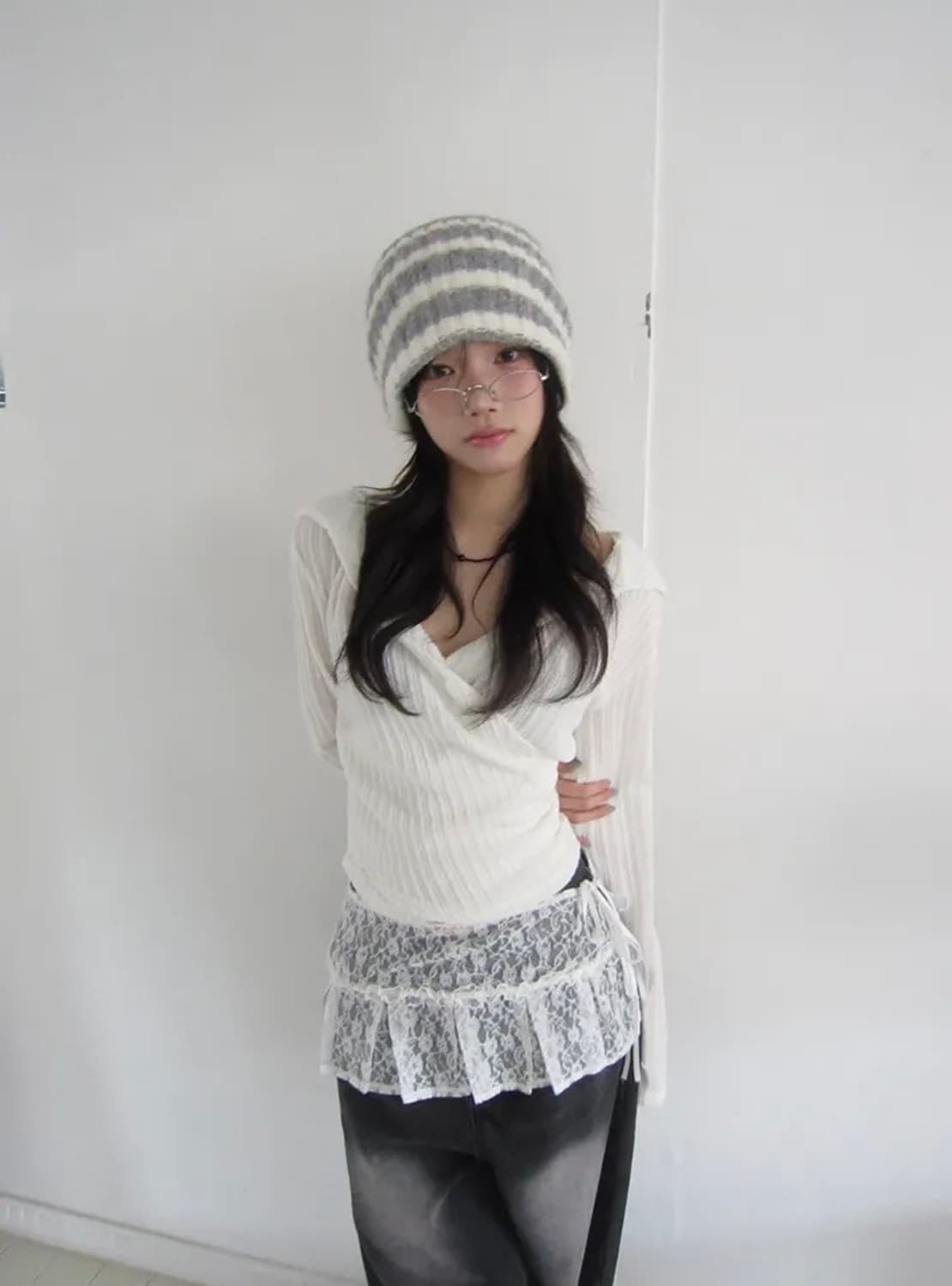 모디무드 쿠리린 랩 후드 니트 아이보리 상품이미지5