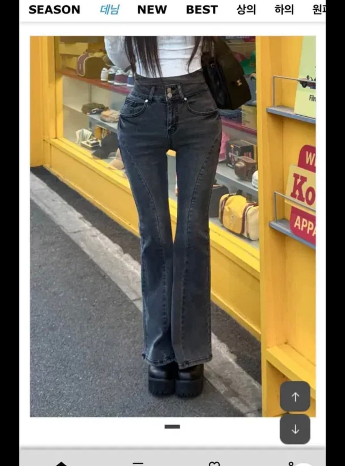 모리녀 카인다미 하이웨스트 투버튼 절개 부츠컷 흑청 L 상품이미지1