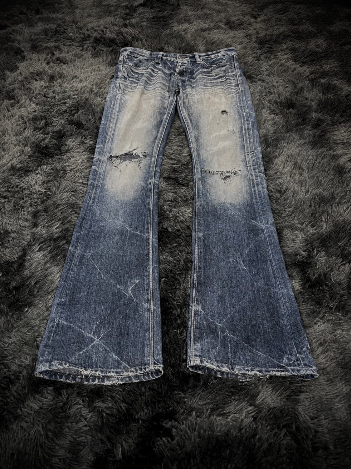 Gostar de fuga 물결 워싱 데미지 중청 부츠컷 팬츠 상품이미지1