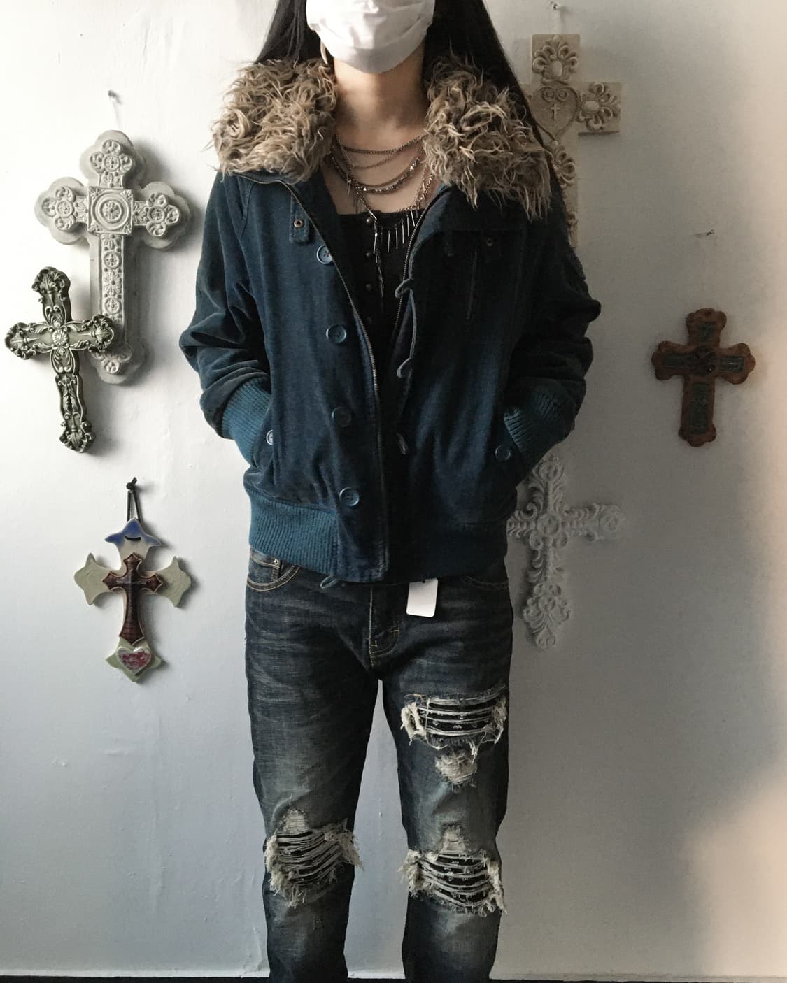 Fake fur collar high neck jacket 상품이미지1