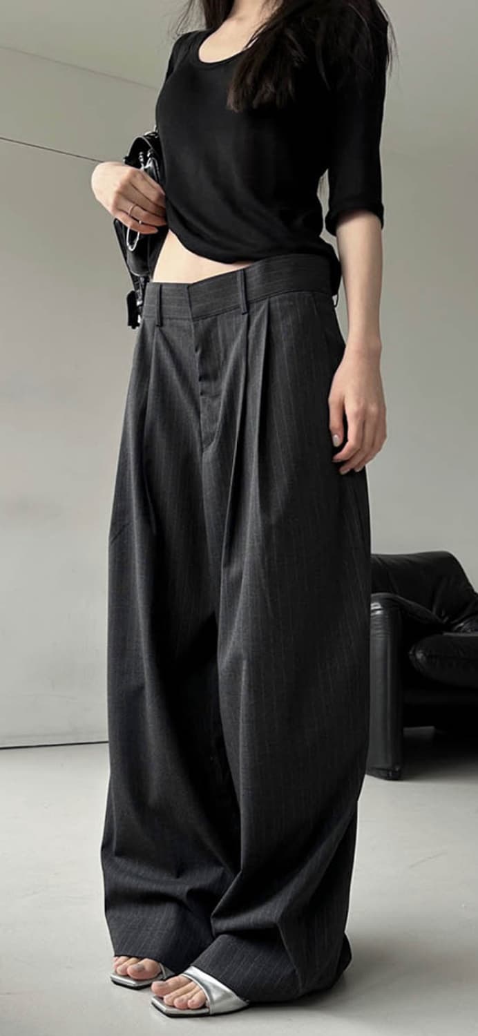 사토미라디오 차콜 스트라이프 와이드 슬랙스 M 상품이미지1