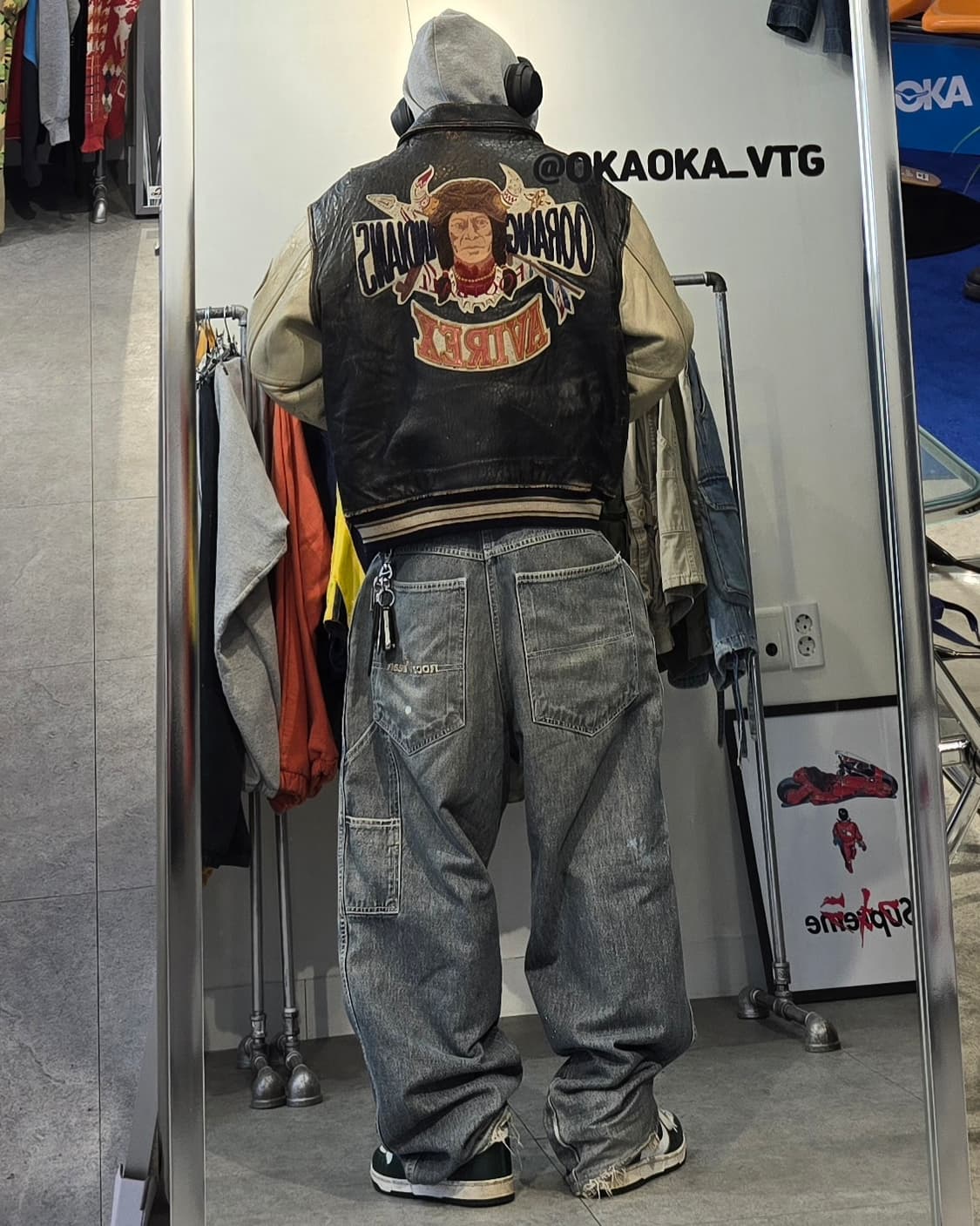 90's KR AVIREX 오랑 인디언즈 레더 바시티자켓 상품이미지4