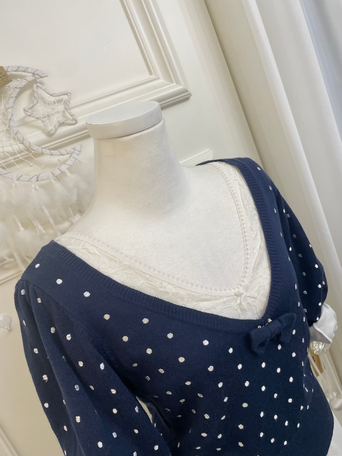 navy dot bow point knit top&white lace s 상품이미지6