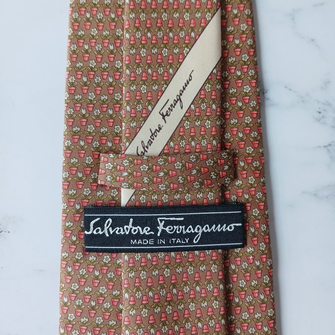 살바토레 페라가모 브라운 화분 패턴 넥타이 9.5cm A등급 E890 상품이미지8