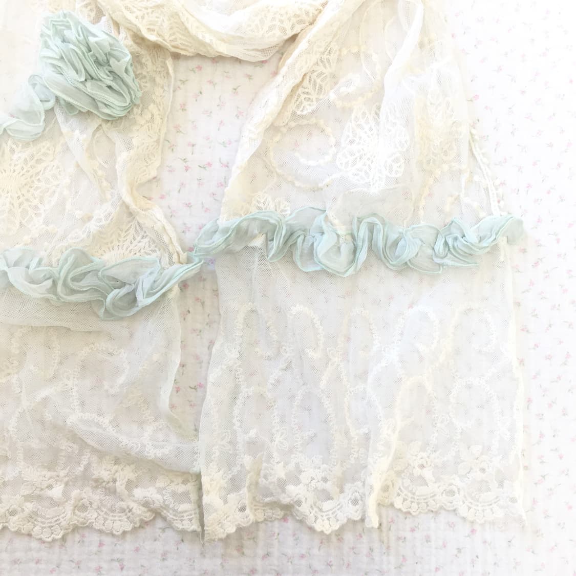 JPN/ 오리엔탈스카프 모리걸스카프 레이스 숄 아이보리 민트 장식  상품이미지3