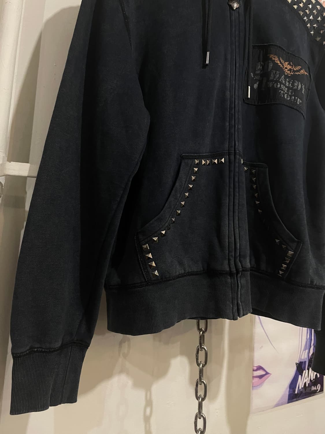 ed hardy 71 월드투어 스터드 패치워크 워싱 네이비 후드집업 상품이미지3