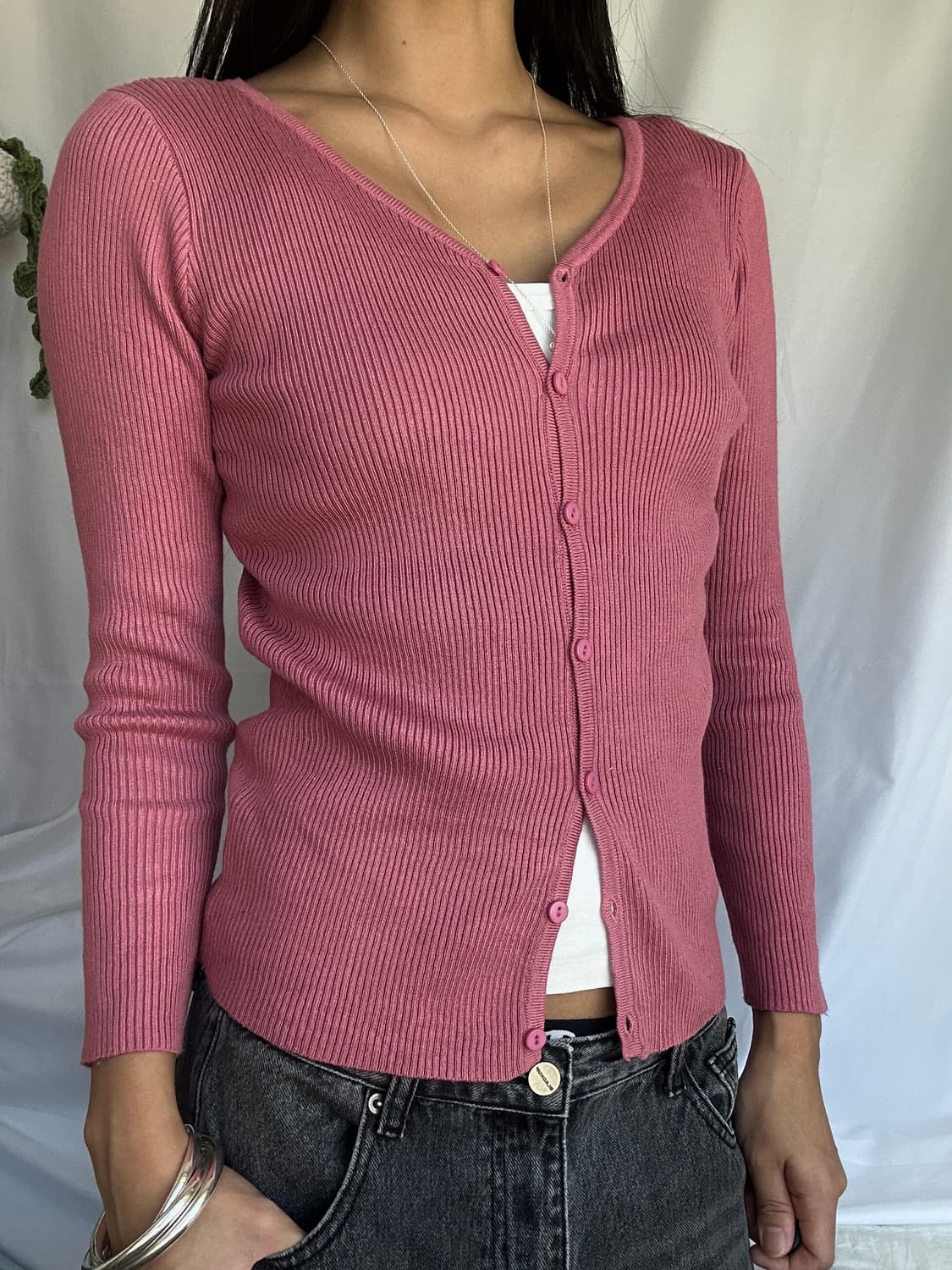빈티지 핑크 골지 가디건 상품이미지4