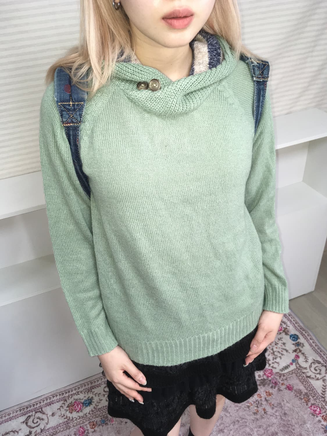 jpn vintage mint button stripe hood knit 상품이미지5