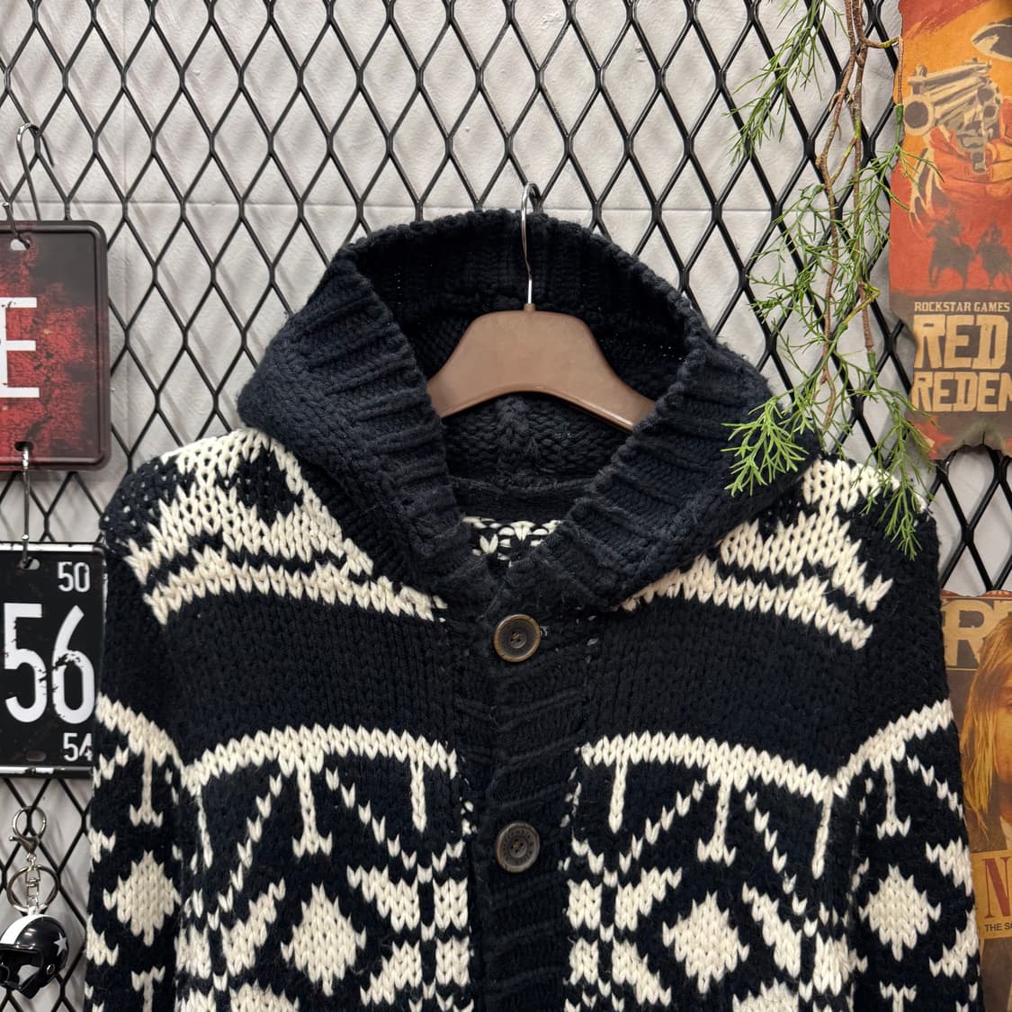 아베크톰비 후드 가디건 노르딕 패턴 투포켓 디테일 블랙 화이트 상품이미지3