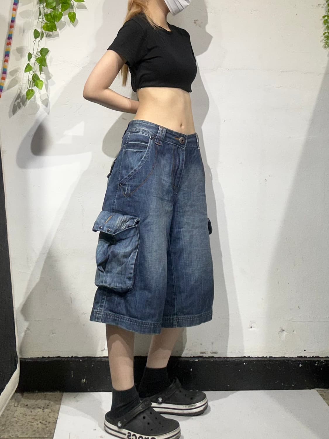 빈티지 진청 데님 반바지 청 카고 버뮤다 와이드 팬츠  상품이미지1