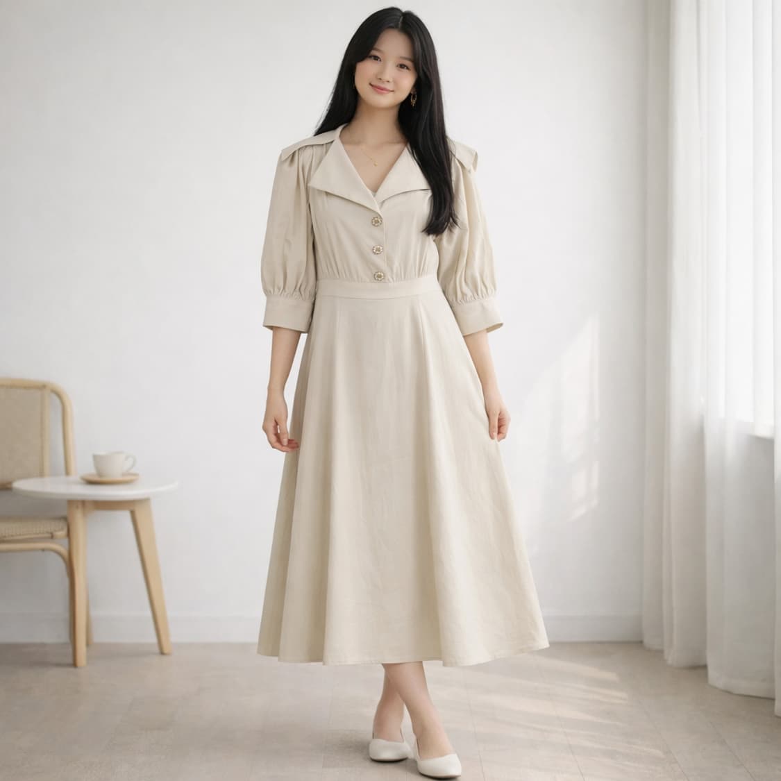 아메 ame 레이나 V넥 롱 원피스 베이지 36 상품이미지1