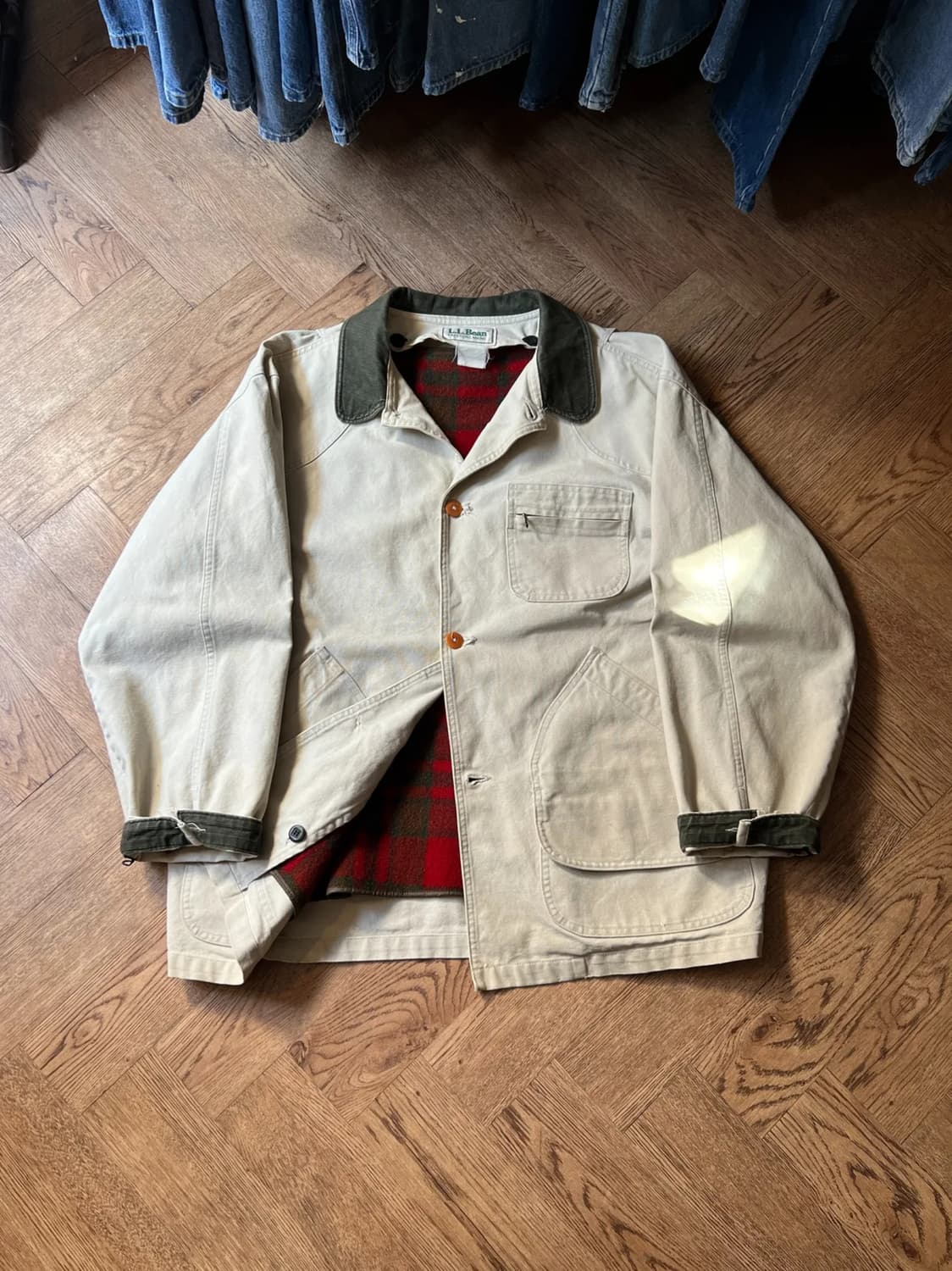 [XL]90's 엘엘빈 USA Made 체크 라이닝 아이보리 헌팅 자켓 상품이미지1