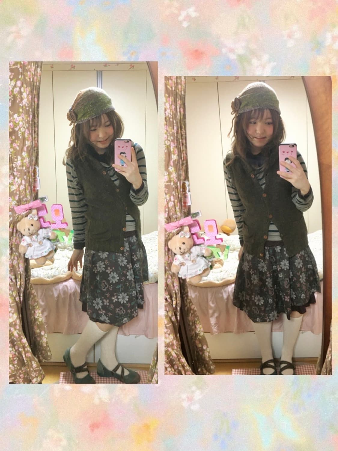 일본 빈티지 모리걸 패턴 플로럴 스커트 + 크로셰 가디건 + 뜨개모자 상품이미지3