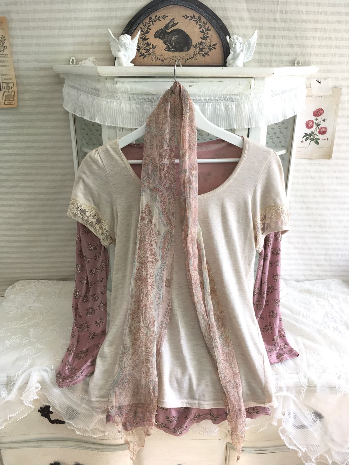 Set)핑크 도트 잔꽃 롱슬리브 + 레이스 퍼프 반팔 + 실크머플러 상품이미지6