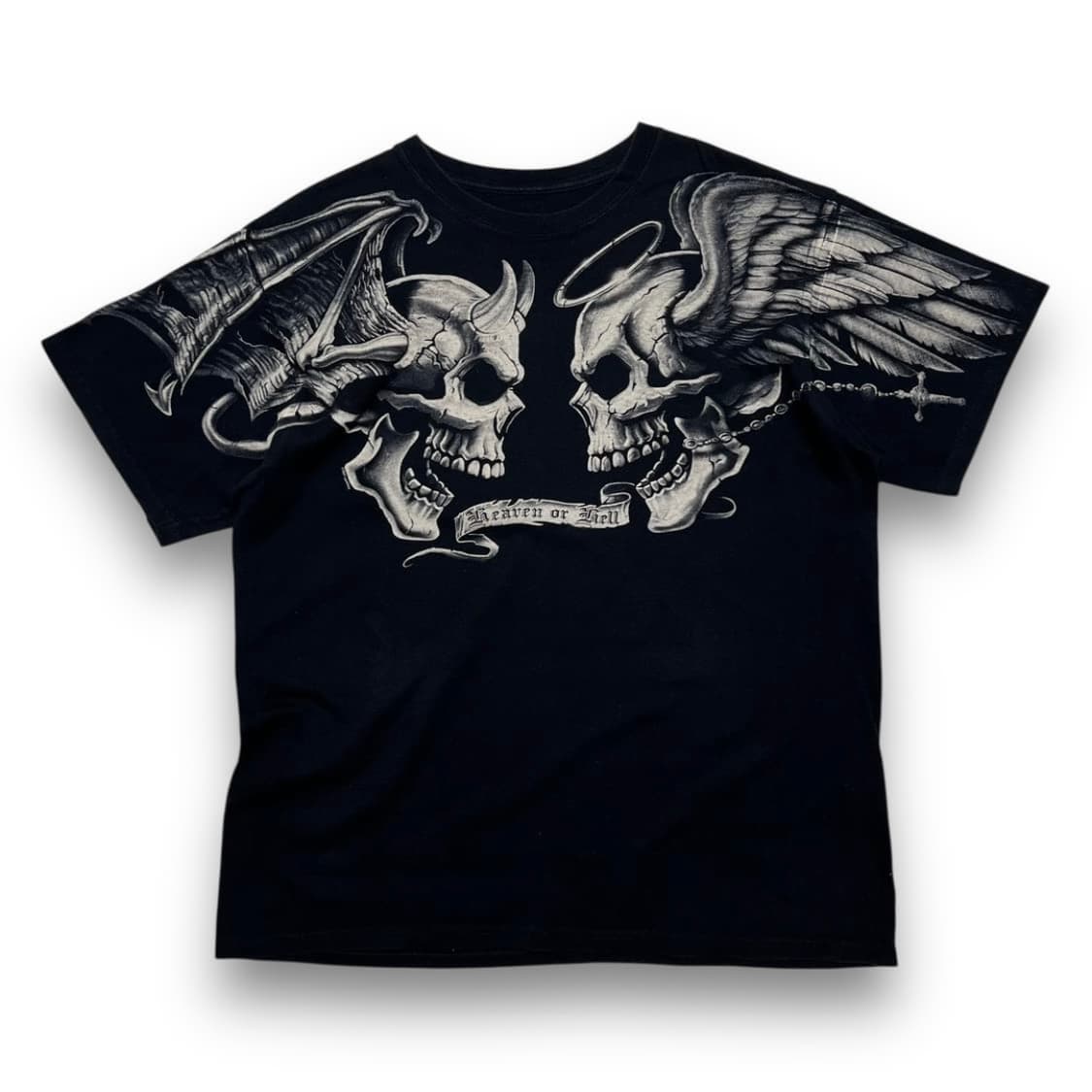 펑크 두개골 데빌 & 엔젤 스컬 타투 다크 반팔 티셔츠 상품이미지1