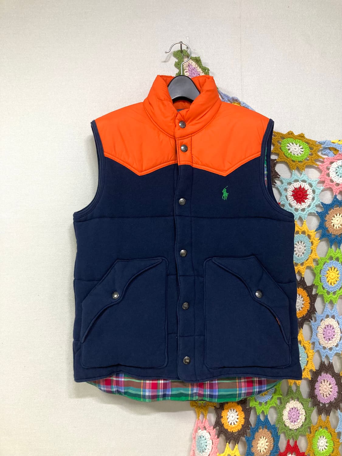 폴로랄프로렌 체크안감 배색 패딩조끼 베스트 _ 네이비/오렌지 상품이미지1