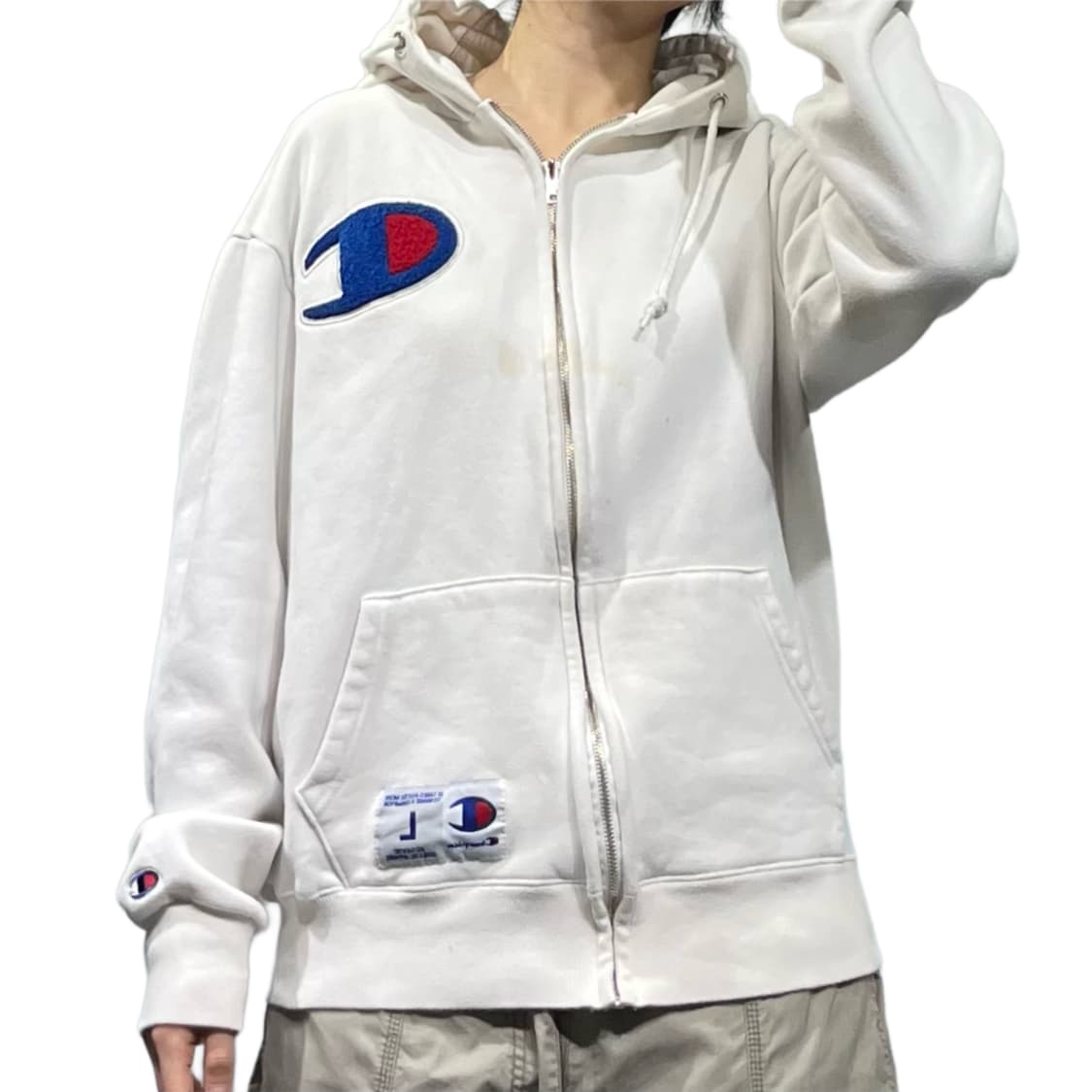 챔피온 빅로고 패치 화이트 후드집업 상품이미지1