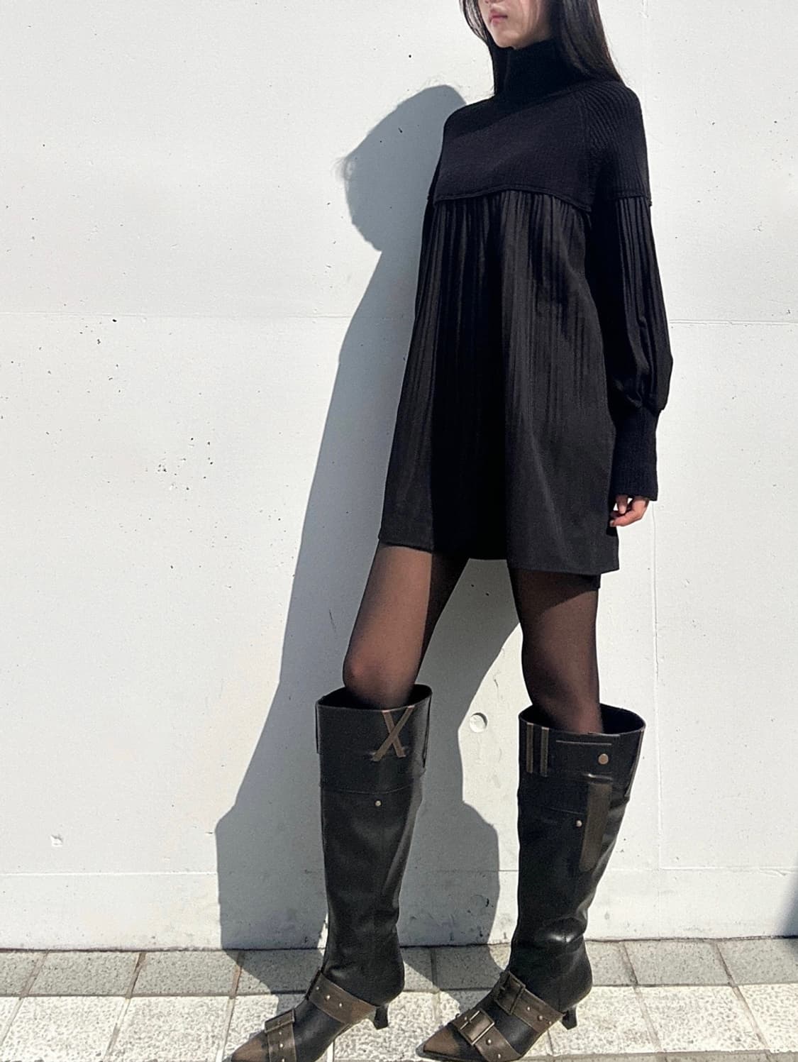 Ribbed pleats mix ops / black 상품이미지1