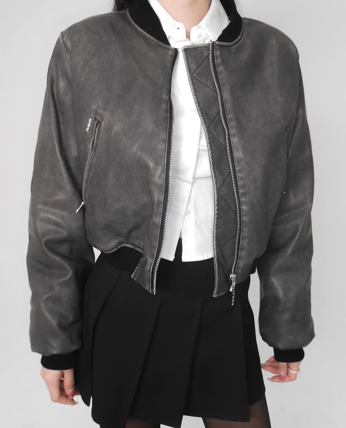 [차콜블랙]페일제이드 레더 패디드 봄버 자켓 패딩 가죽패딩자켓 상품이미지2