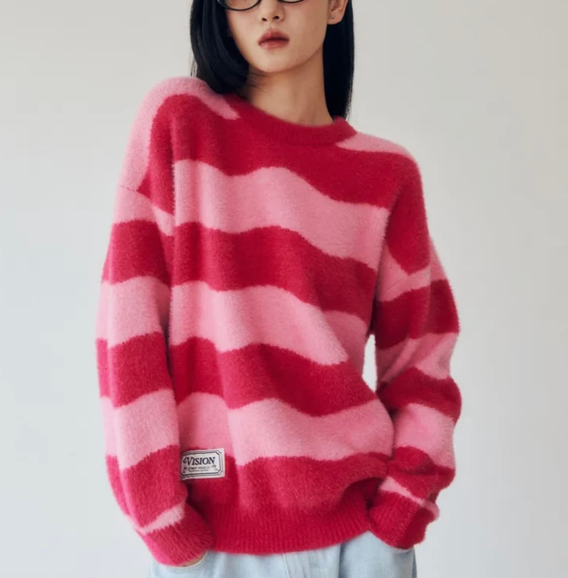 [S]비젼스트릿웨어 스트라이프 핑크 모헤어 오버핏 니트 상품이미지2