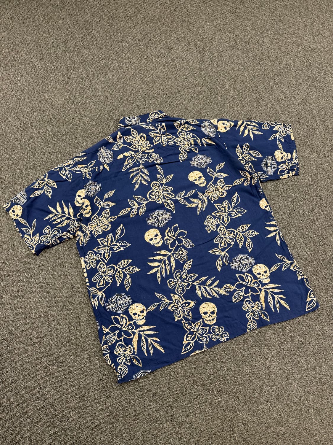 M)할리데이비슨 빈티지 스컬 프린팅 하와이안 반팔 셔츠 상품이미지4