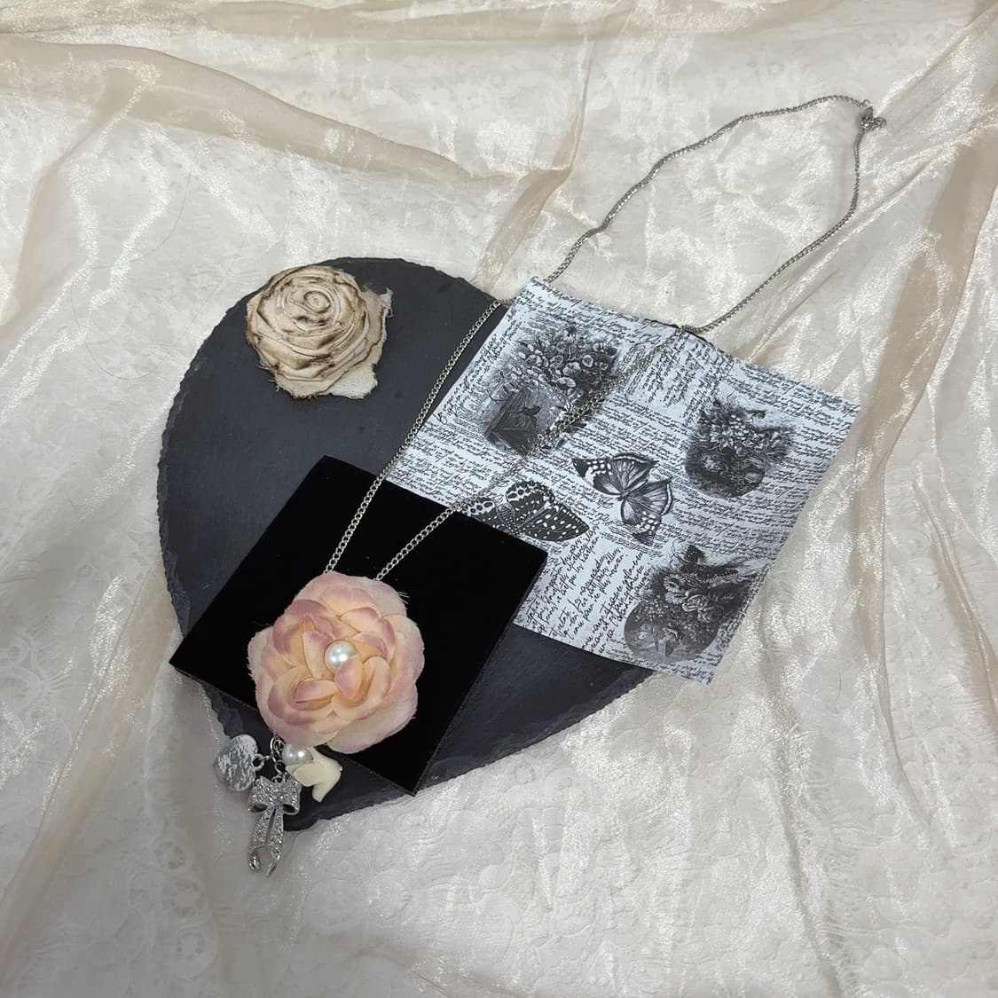 빈티지 망사 플라워 진주 리본 새 쿠바체인 목걸이 상품이미지2