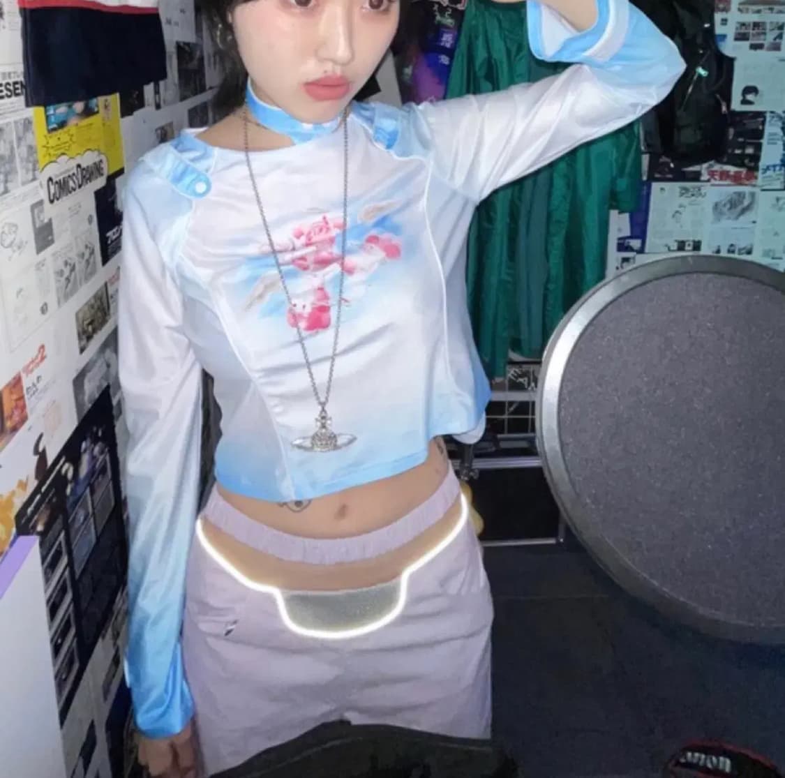 키집 사이버 펑크 애니 초커 탑 긴팔 크롭 티셔츠 상품이미지1