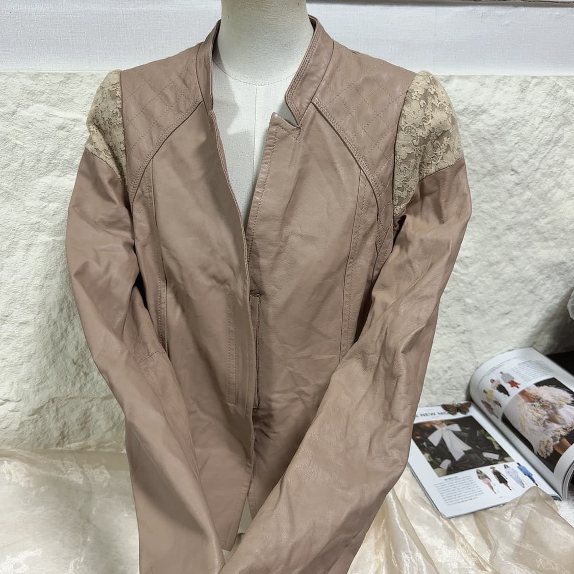 빈티지 로즈 핑크 레이스 라이더 포켓 양가죽지켓 상품이미지3