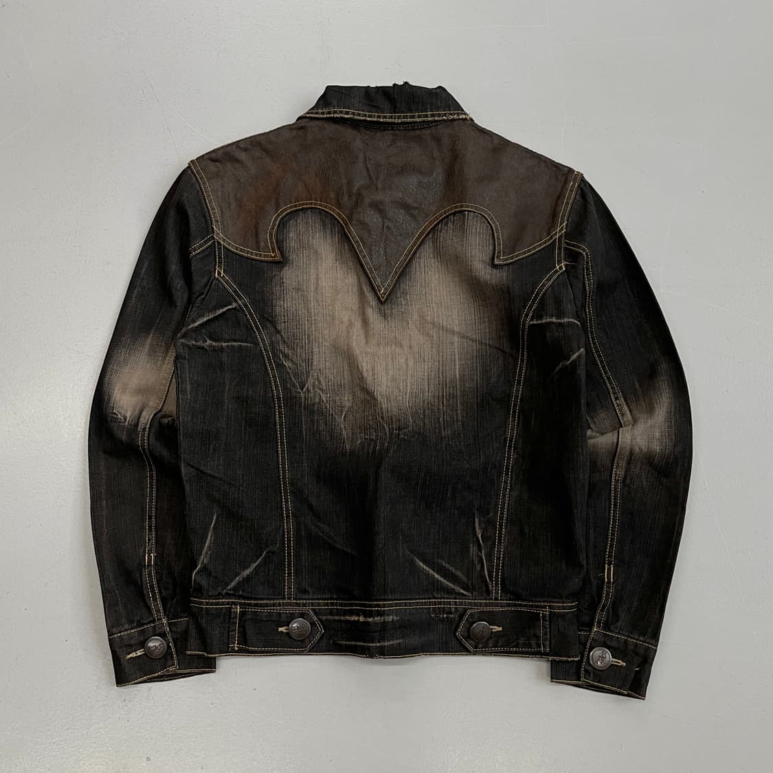 웨스턴 흑청 워싱 빈티지 가죽도킹 그런지 데님자켓 상품이미지3