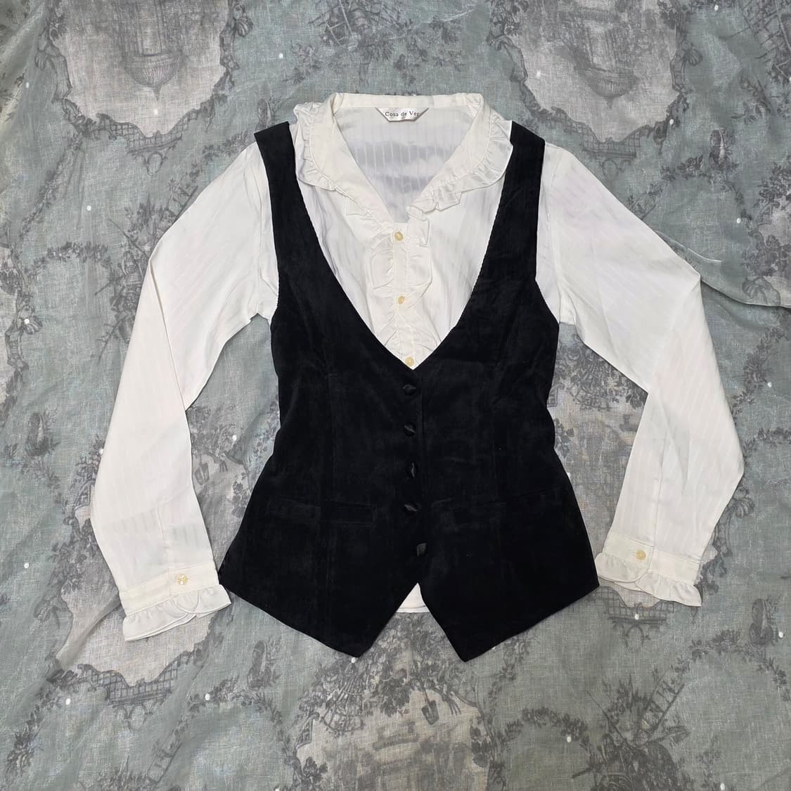 빈티지 긱시크 공겜여주 베스트 조끼 셔츠 세트 상품이미지2