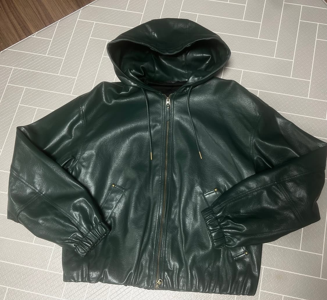 Zara 가죽 후드 자켓 다크크린 상품이미지1