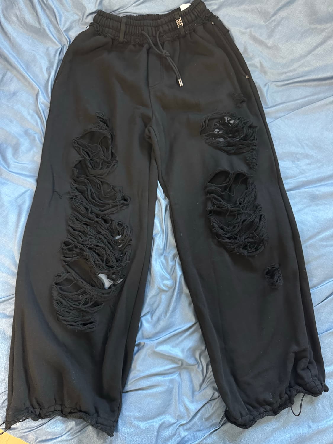 트리밍버드 스크래치 데미지 와이드 스웻 팬츠 블랙 상품이미지1