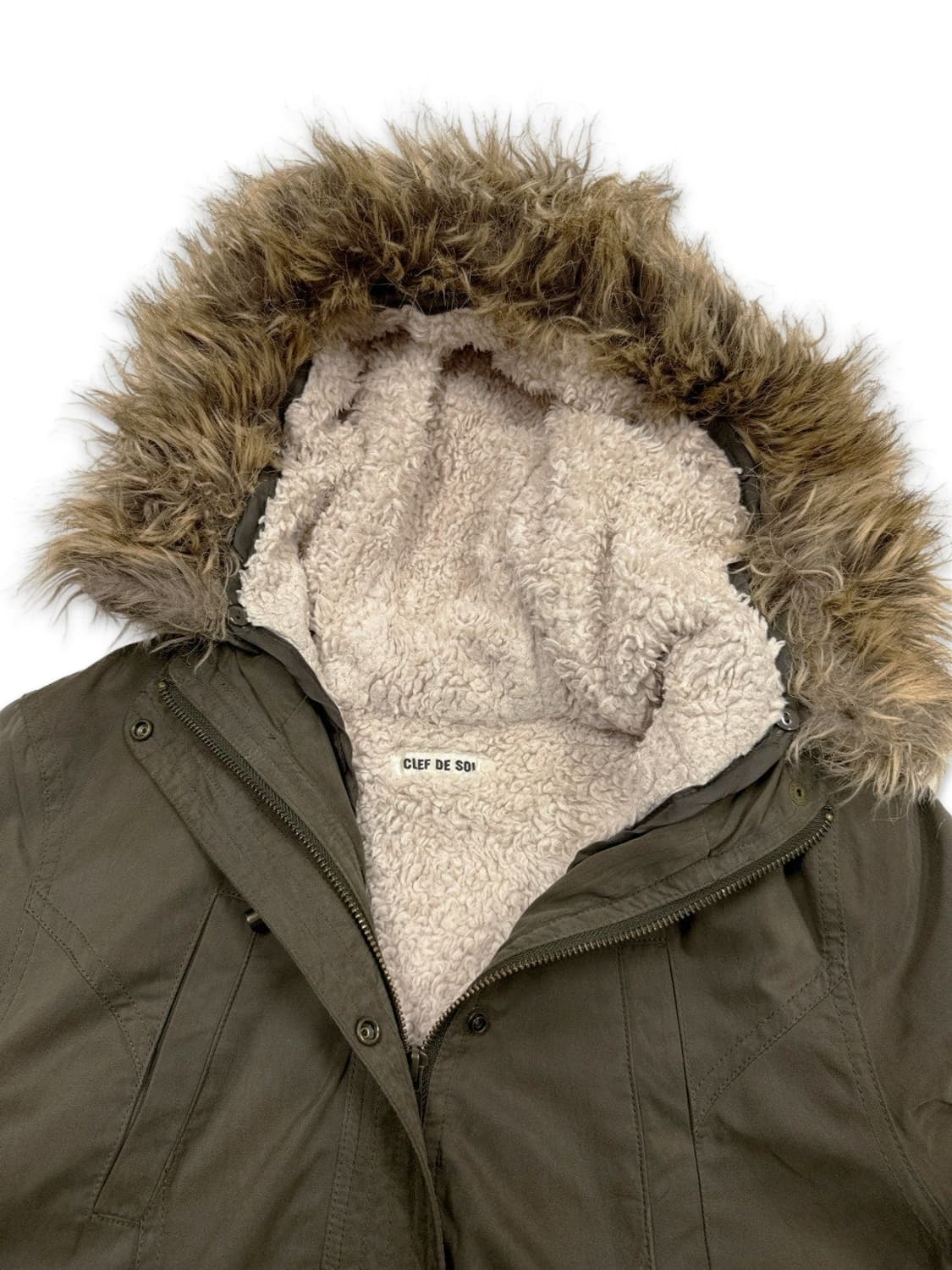 빈티지 CLEF DE SOL 카키 퍼 후드 집업 야상 상품이미지6