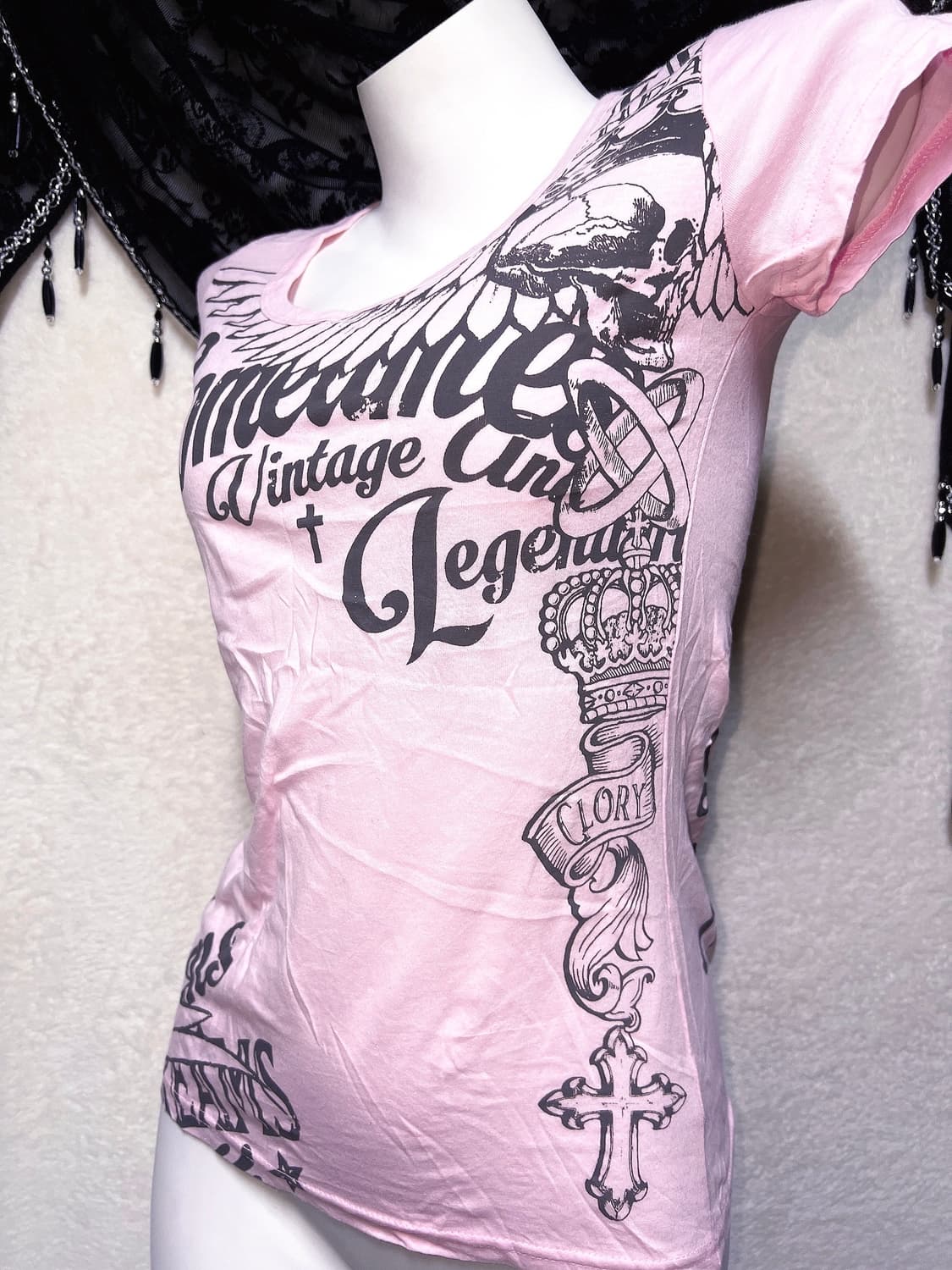 글리츠 glitz y2k 펑크 갸루 날개 윙 해골 레터링 프린팅반팔 핀터 상품이미지8