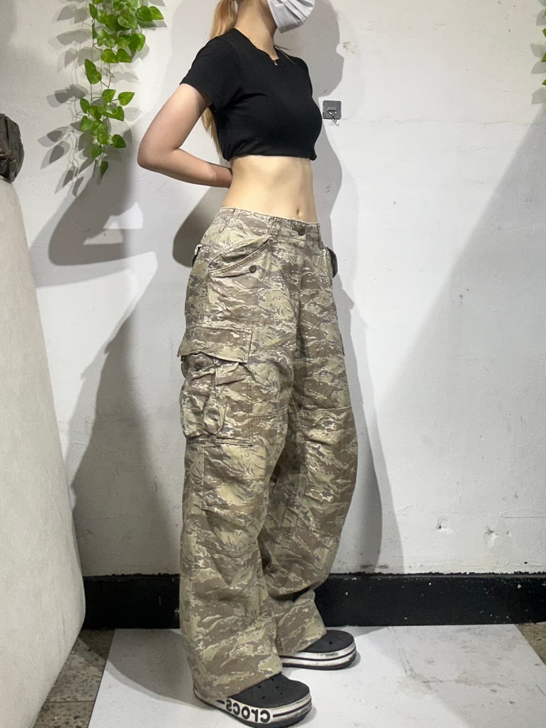 일본 빈티지 베이지 와이드 카모 카고 팬츠 M 상품이미지1