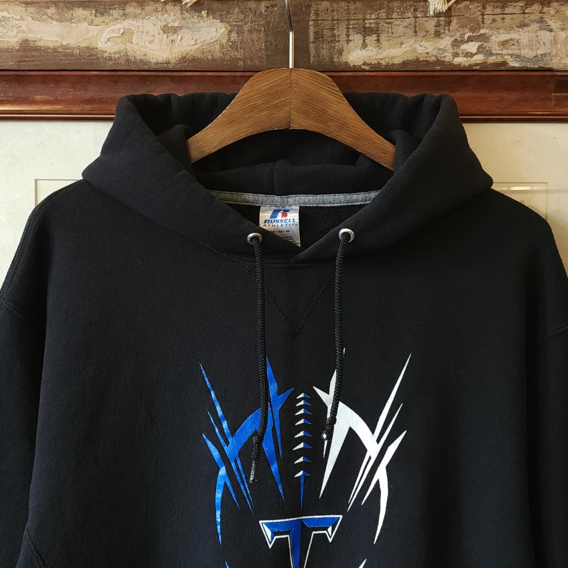 90s 러셀 후드 스웻셔츠 테슬라 미국 오리지널 빈티지 레터링 블랙 상품이미지3