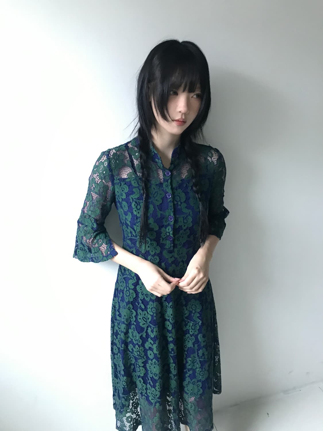 Lace collar flower dress(bluish green) 상품이미지2