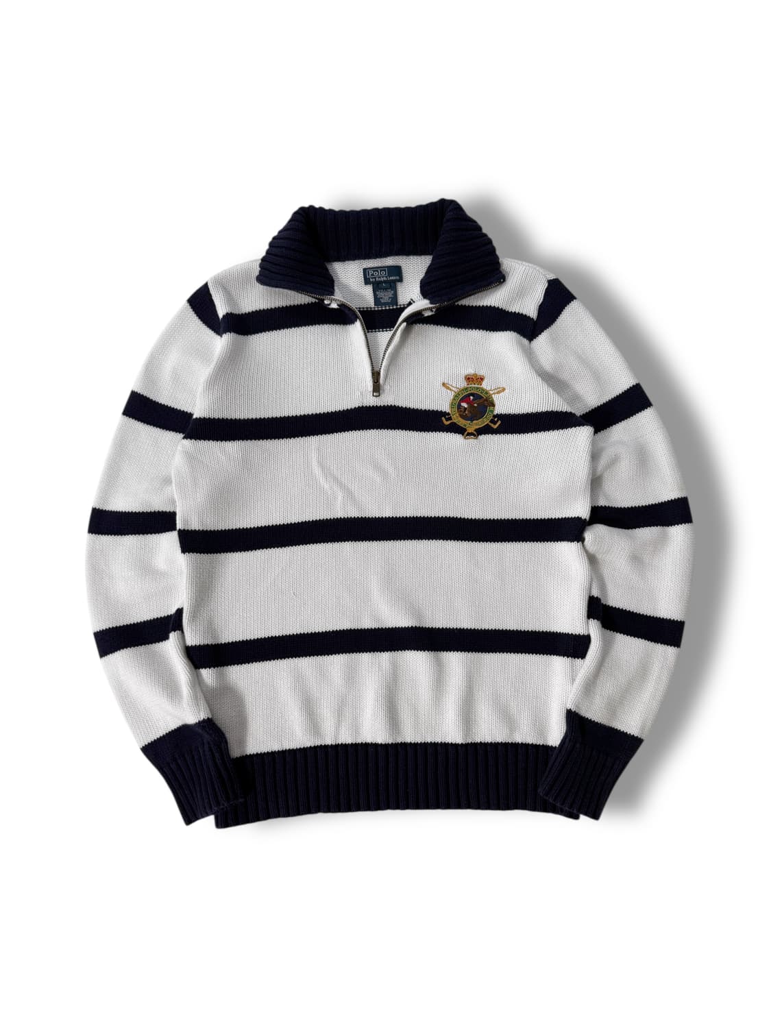 폴로 랄프로렌 화이트 스트라이프 엠브로이드 코튼 하프집 니트 상품이미지1
